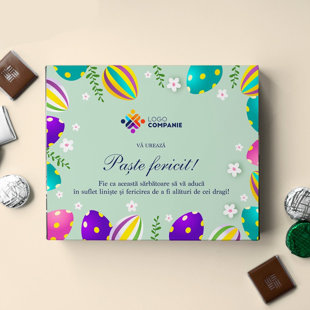Scatola di cioccolatini personalizzata con logo e messaggio - Buona Pasqua!