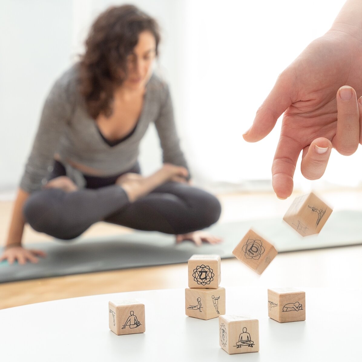 Yoga game with 7 wooden dice