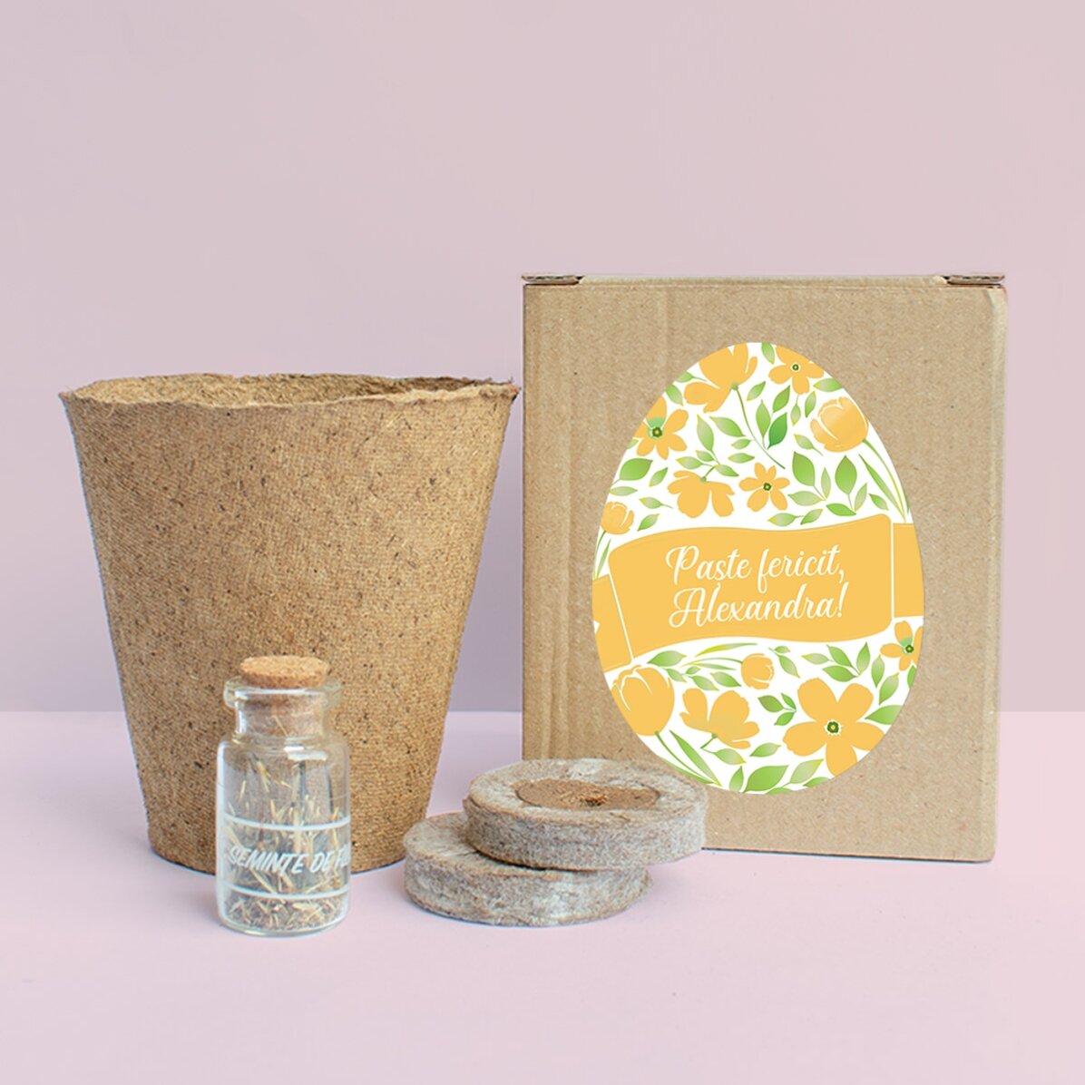 Kit per piantare fiori in una scatolina personalizzata con la scritta "Buona Pasqua!"