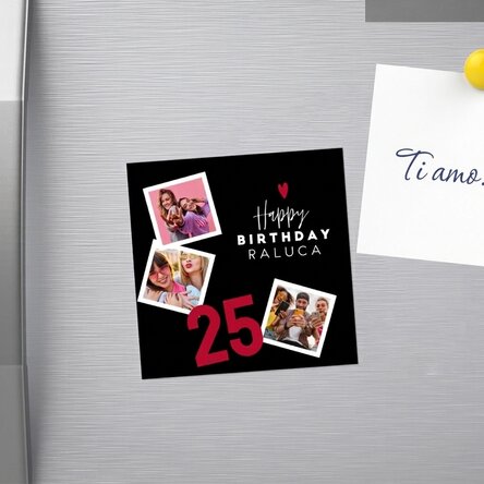 Magnete personalizzato 10x10 con 3 foto e testo - Buon compleanno!
