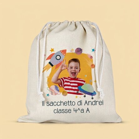 Sacchetto per l'asilo personalizzato con una scritta e una foto - Astronave spaziale
