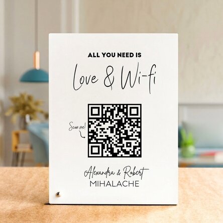 Cornice da scrivania personalizzata con testo e codice QR - Scan for Wi-Fi (sfondo bianco)