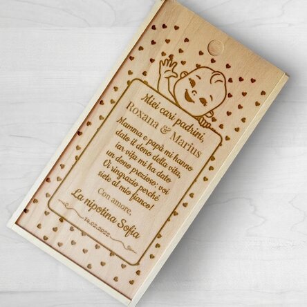 Scatola regalo personalizzata in legno con messaggio di ringraziamento per i padrini di battesimo