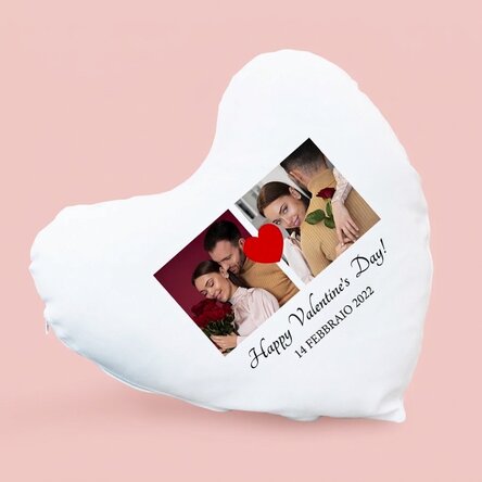 Cuscino personalizzato a forma di cuore con 2 foto e una frase