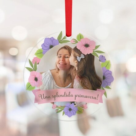 Ciondolo rotondo personalizzato con foto e testo - Floral