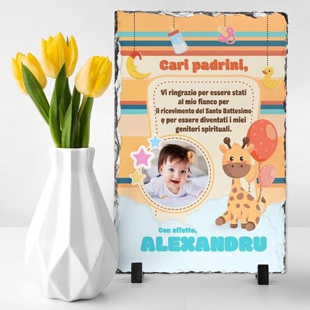 Tavola di ardesia personalizzata con una foto e un messaggio per i padrini di battesimo - Grazie
