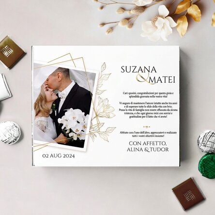 Scatola di cioccolatini personalizzata con messaggio e foto per gli sposi