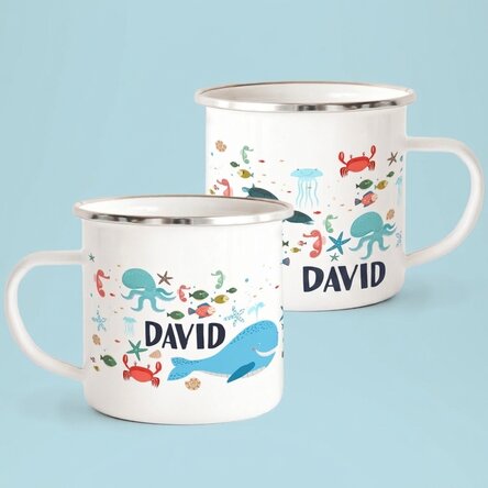 Tazza in metallo smaltato con nome per bambini - Sea friends