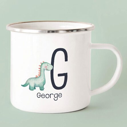 Tazza in metallo smaltato con nome e iniziale per bambini - Dinosaur