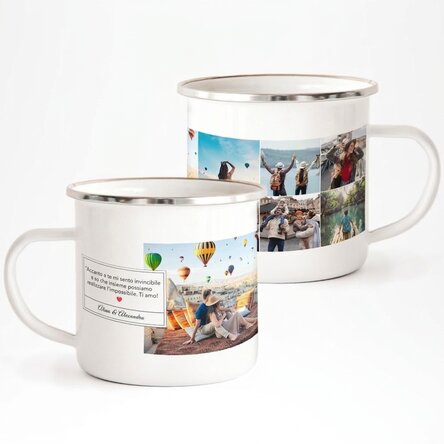 Tazza in metallo smaltato con 6 foto e un messaggio