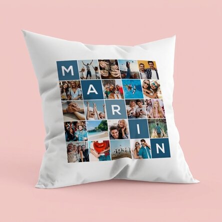 Cuscino personalizzato con 20 foto e un nome di 5 lettere