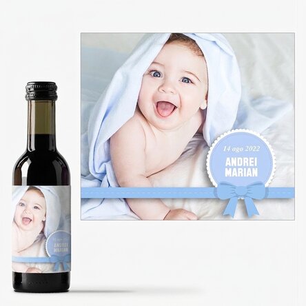 Mini bottiglietta di vino personalizzata con foto e testo - Bomboniera per il battesimo di un bambin