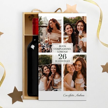 Scatola per 2 bottiglie di vino personalizzata con 4 foto e una dedica - Buon compleanno