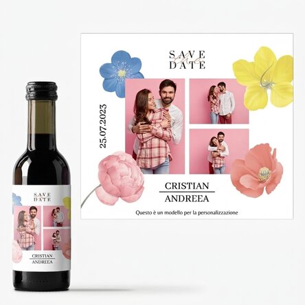 Mini bottiglietta di vino personalizzata con 3 foto e un testo - Save the date