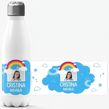 Thermos con base bianca personalizzato con una foto e un nome - Modello arcobaleno