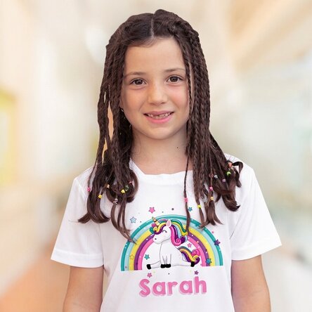 Personalised children's sports T-shirt with name - Unicorn and rainbow
