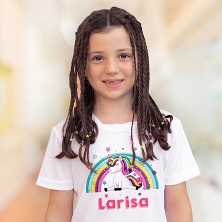 Maglietta sportiva per bambini personalizzata con nome - Unicorno e arcobaleno