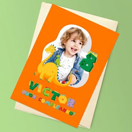Biglietto di auguri magnetico personalizzato con foto, numero e testo - Dinosaurio