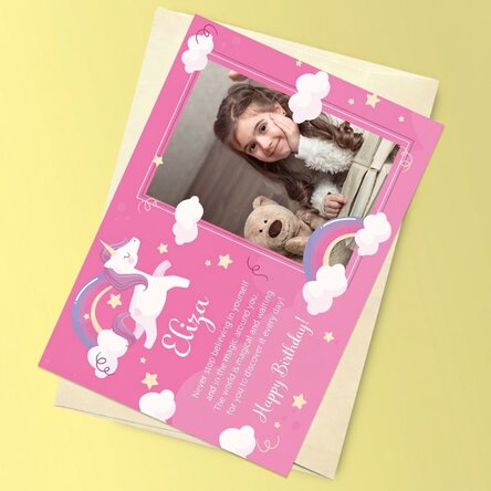 Biglietto di auguri magnetico personalizzato con foto e messaggio per bambini - Unicorno