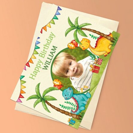 Biglietto di auguri magnetico personalizzato con foto e messaggio per bambini - Dinosauri