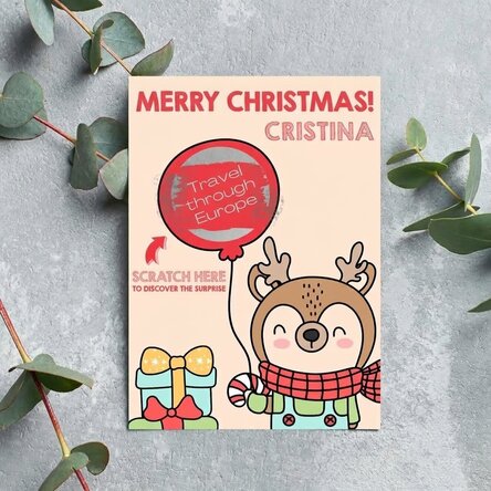 Cartolina di Natale personalizzata da grattare - Renna con palloncino
