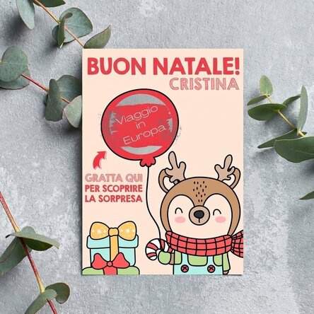 Cartolina di Natale personalizzata da grattare - Renna con palloncino