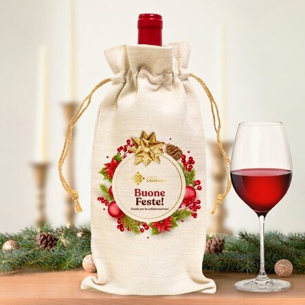 Sacchetto personalizzato per bottiglia di vino con logo e scritta - Buone feste