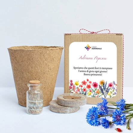 Kit per piantare fiori primaverili in una scatolina personalizzata con logo e messaggio