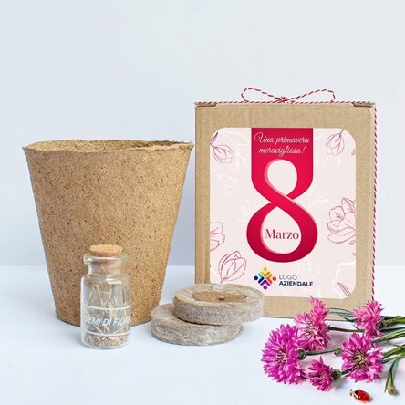 Kit per piantare fiori primaverili in una scatolina personalizzata con logo e messaggio - 8 marzo