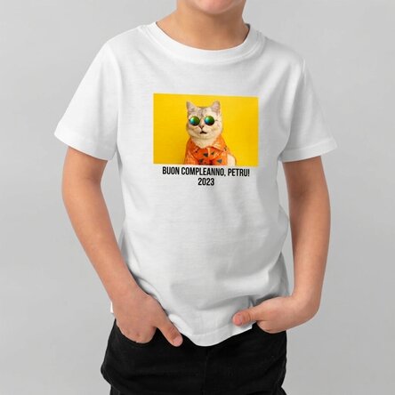 Maglietta in cotone per bambini personalizzata con una foto in formato orizzontale e una scritta