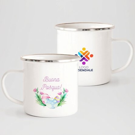Tazza in metallo smaltato personalizzata con logo e testo - Buona Pasqua!