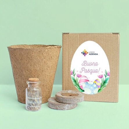 Kit per piantare fiori in una scatolina personalizzata con logo e testo - Buona Pasqua!