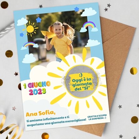 Biglietto gratta e vinci personalizzato con foto e messaggio per i bambini, per il 1° giugno