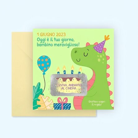 Biglietto gratta e vinci personalizzato con messaggio per bambini - Dino