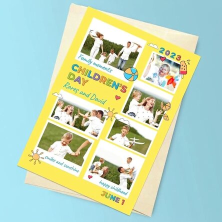 Personalised magnetic card with 7 photos and message - Children's Day
