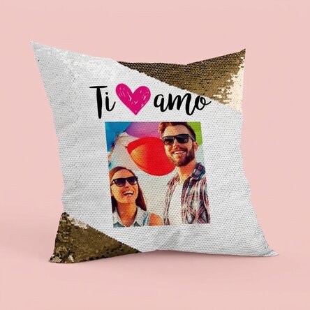 Cuscino personalizzato con una foto - I love you - Paillettes dorate