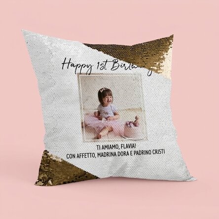 Cuscino personalizzato con foto e testo - Happy Birthday - Paillettes dorate