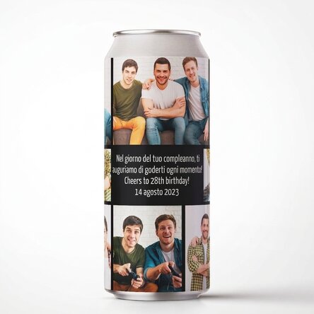 Birra in lattina personalizzata con messaggio e collage di foto