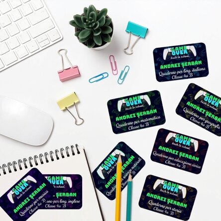Set di 8 adesivi (etichette autoadesive) personalizzati per la scuola con la scritta "Game Over"