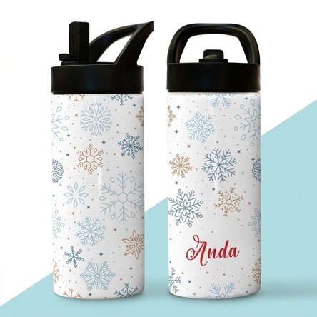 Tazza termica con manico e cannuccia personalizzata con nome - Fiocchi di neve