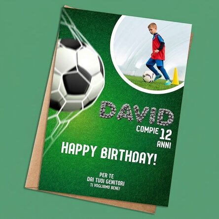 Biglietto personalizzato con foto e testo - Compleanno a tema calcio
