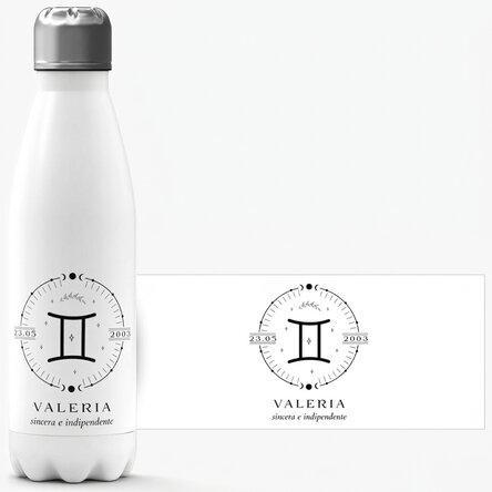 Thermos con base bianca personalizzato con una scritta e il segno zodiacale dei Gemelli