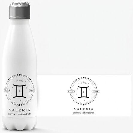 Thermos con base bianca personalizzato con una scritta e il segno zodiacale dei Gemelli