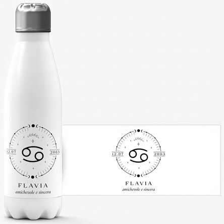 Thermos con base bianca personalizzato con una scritta e il segno zodiacale del Cancro