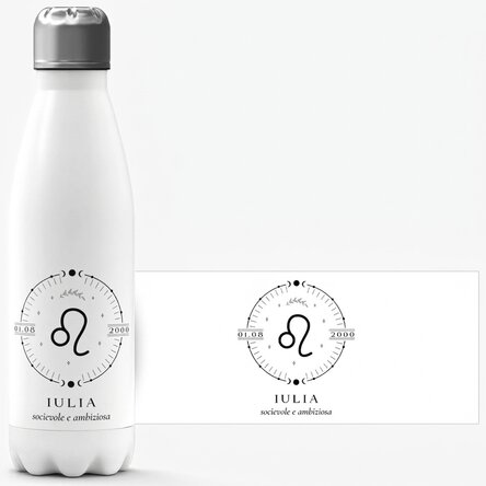 Thermos con base bianca personalizzato con una scritta e il segno zodiacale del Leone