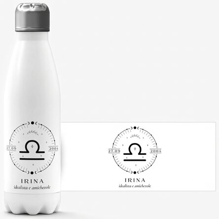 Thermos con base bianca personalizzato con una scritta e il segno zodiacale della Bilancia