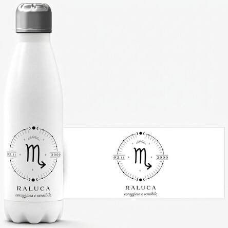 Thermos con base bianca personalizzato con una scritta e il segno zodiacale dello Scorpione