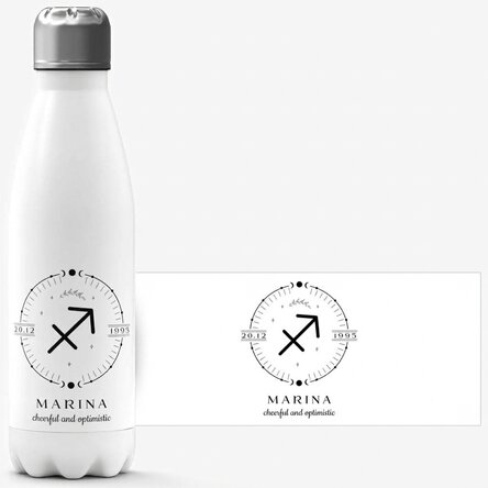 Thermos with white base personalised with text and Sagittarius zodiac sign