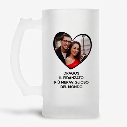 Boccale da birra personalizzato con una foto a forma di cuore e un messaggio