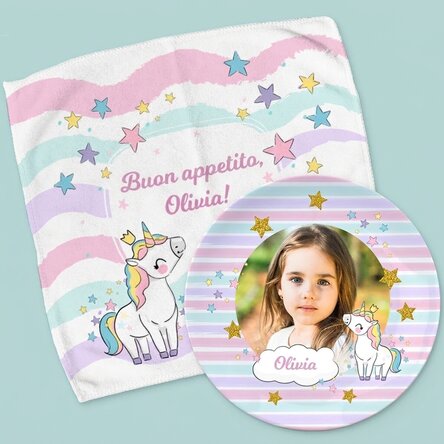 Set personalizzato - piatto e salvietta - Unicorno